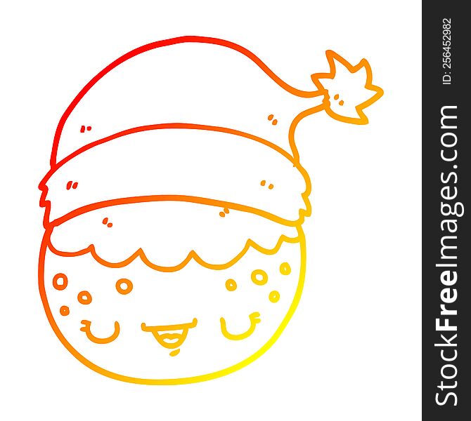 Warm Gradient Line Drawing Cartoon Christmas Pudding Wearing Santa Hat