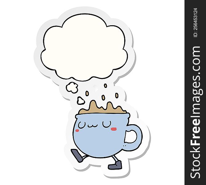 Cartoon Coffee Cup Walking And Thought Bubble As A Printed Sticker