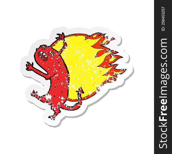 retro distressed sticker of a cartoon monster on fire