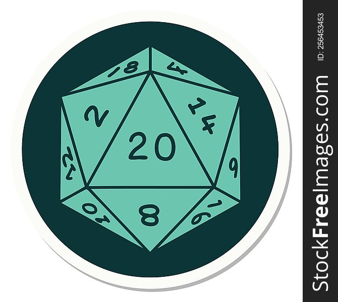 sticker of tattoo in traditional style of a d20 dice. sticker of tattoo in traditional style of a d20 dice