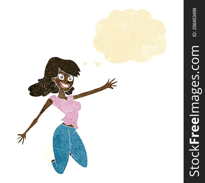 cartoon jumping woman with thought bubble