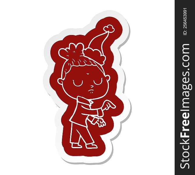quirky cartoon icon of a calm woman wearing santa hat