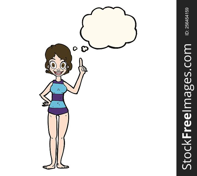 cartoon woman in striped swimsuit with thought bubble