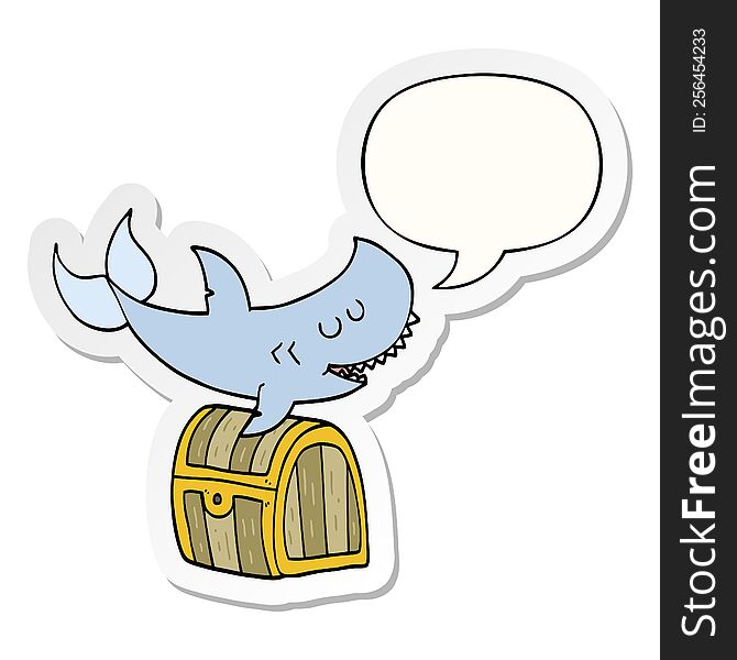Cartoon Shark Swimming Over Treasure Chest And Speech Bubble Sticker