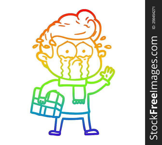 Rainbow Gradient Line Drawing Cartoon Crying Man With Present