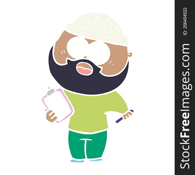 flat color style cartoon bearded man with clipboard and pen