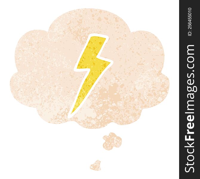 cartoon lightning bolt with thought bubble in grunge distressed retro textured style. cartoon lightning bolt with thought bubble in grunge distressed retro textured style