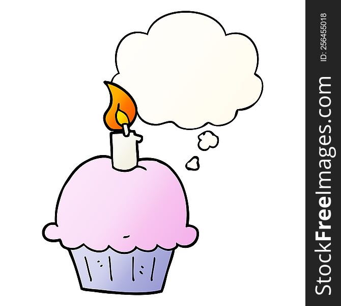cartoon birthday cupcake with thought bubble in smooth gradient style