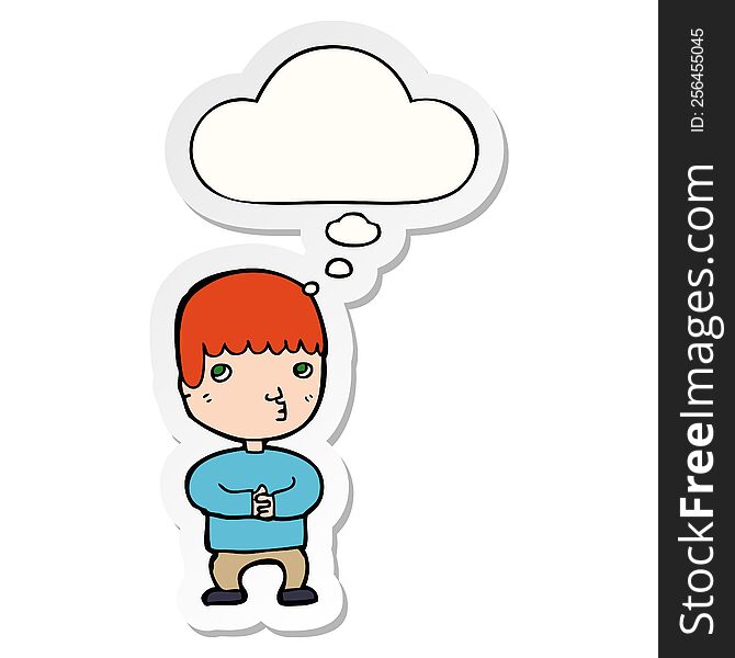 cartoon man thinking with thought bubble as a printed sticker