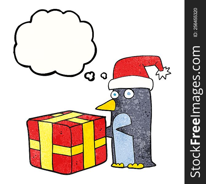 Thought Bubble Textured Cartoon Christmas Penguin With Present