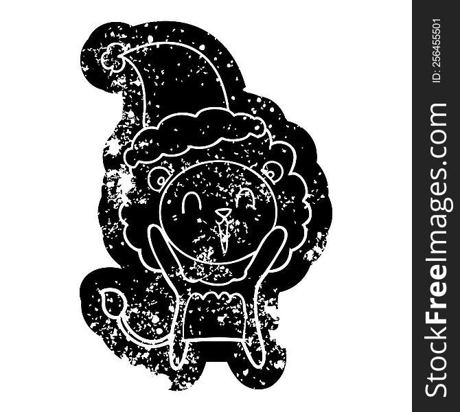 Laughing Lion Cartoon Distressed Icon Of A Wearing Santa Hat
