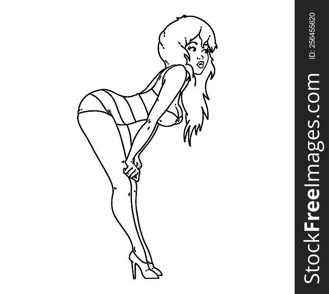 black line tattoo of a pinup girl in swimming costume