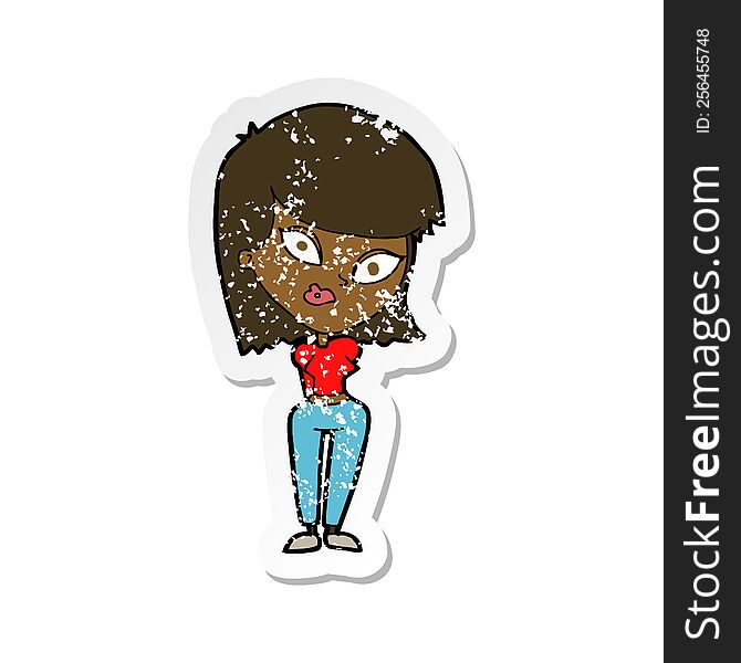 retro distressed sticker of a cartoon confused woman