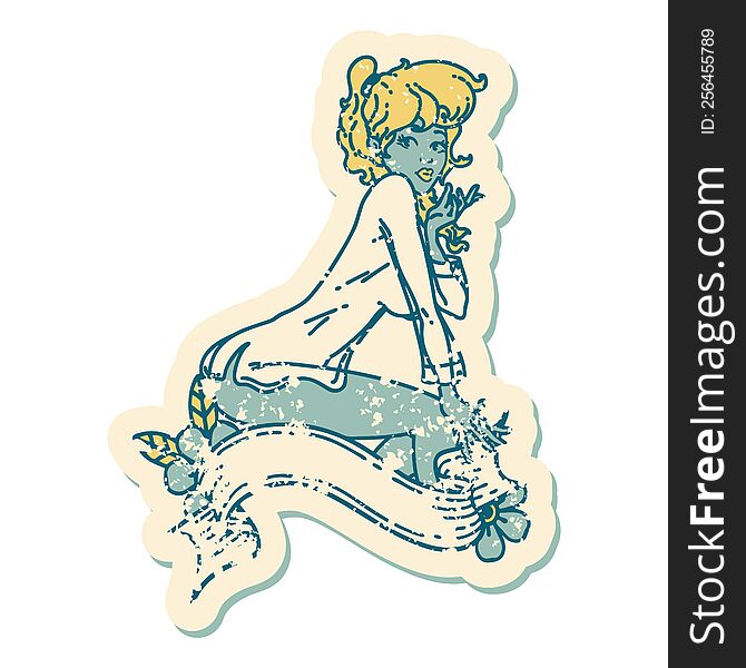 iconic distressed sticker tattoo style image of a pinup girl wearing a shirt with banner. iconic distressed sticker tattoo style image of a pinup girl wearing a shirt with banner