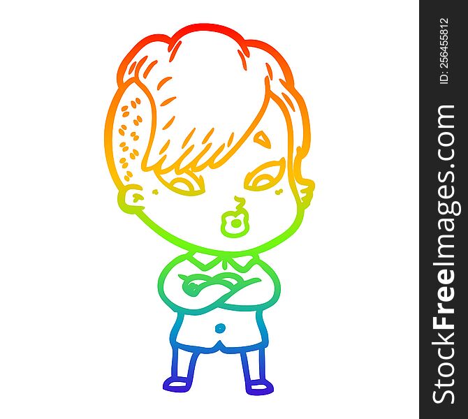 Rainbow Gradient Line Drawing Cartoon Surprised Girl