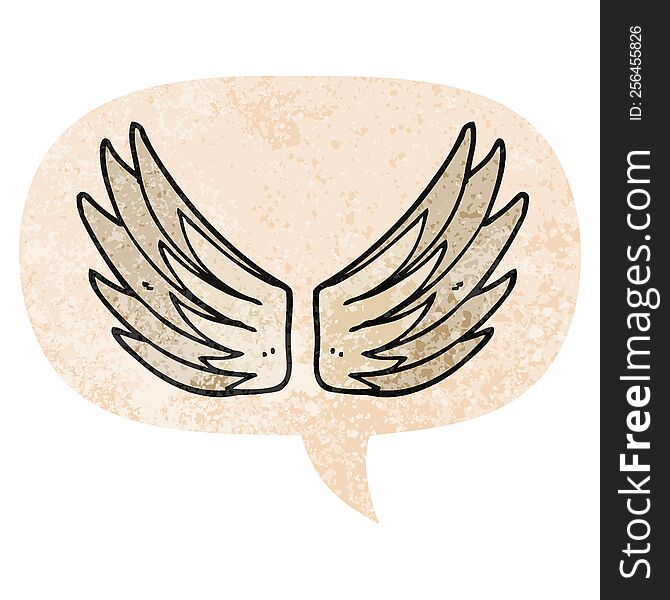 cartoon wings symbol with speech bubble in grunge distressed retro textured style. cartoon wings symbol with speech bubble in grunge distressed retro textured style