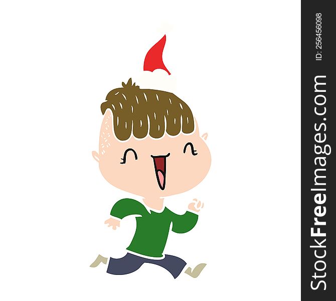 hand drawn flat color illustration of a happy boy surprised wearing santa hat
