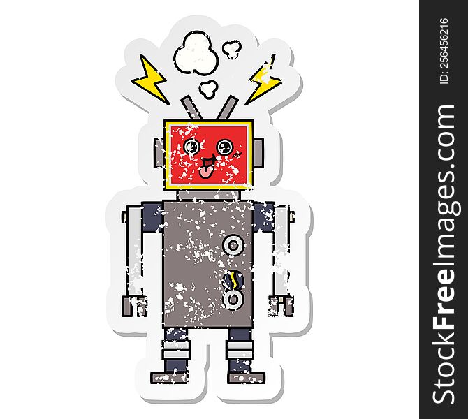 Distressed Sticker Of A Cute Cartoon Crazed Robot