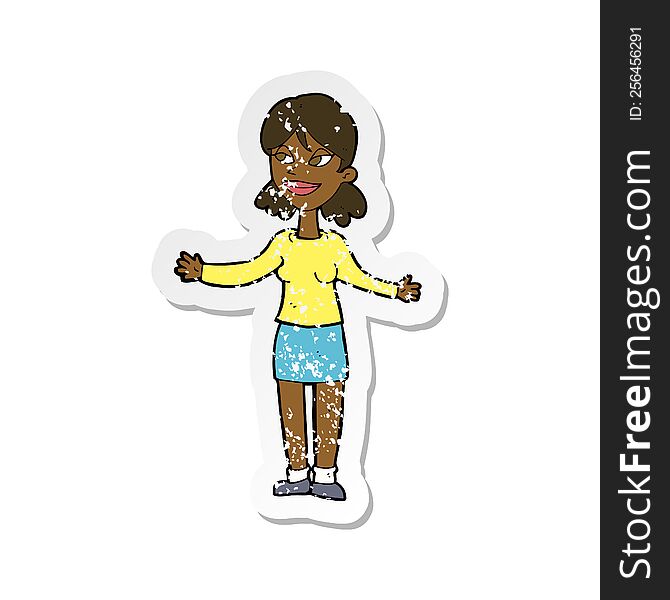 retro distressed sticker of a cartoon happy woman shrugging shoulders
