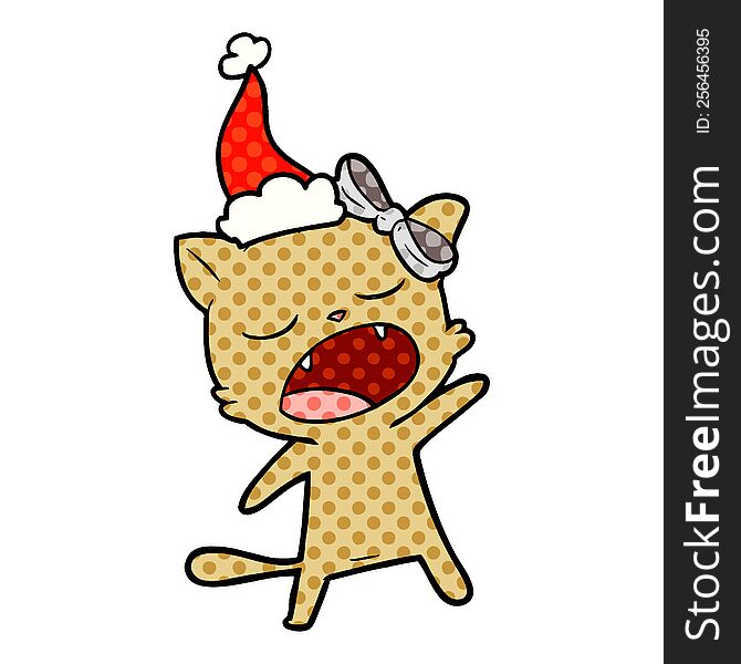 Comic Book Style Illustration Of A Singing Cat Wearing Santa Hat