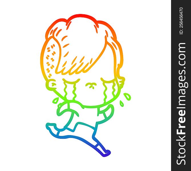 Rainbow Gradient Line Drawing Cartoon Crying Girl Wearing Space Clothes