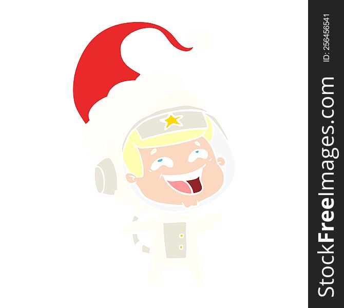 hand drawn flat color illustration of a laughing astronaut wearing santa hat