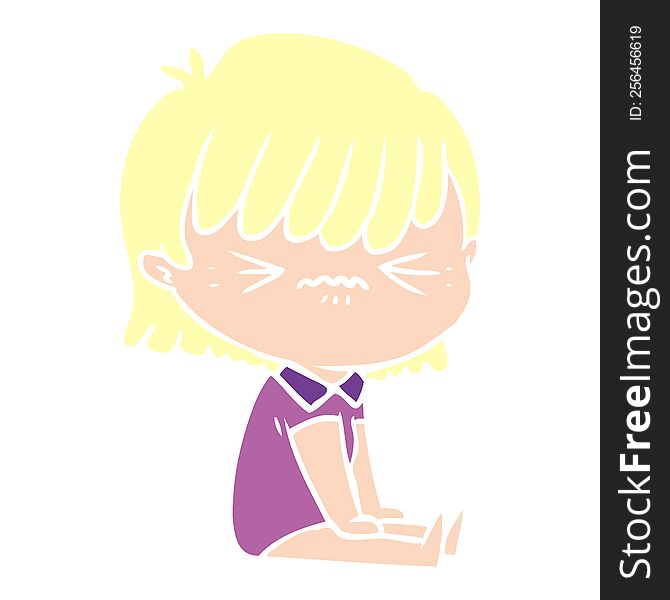 Annoyed Flat Color Style Cartoon Girl Sitting