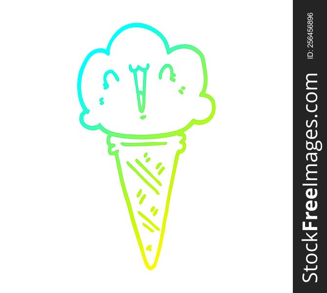cold gradient line drawing of a cartoon ice cream with face