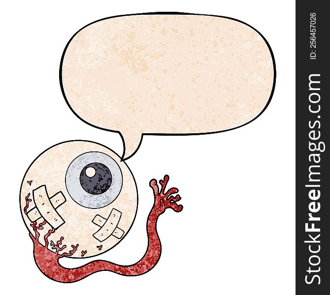 cartoon injured eyeball with speech bubble in retro texture style