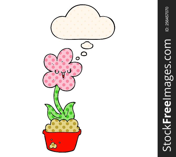 cute cartoon flower with thought bubble in comic book style