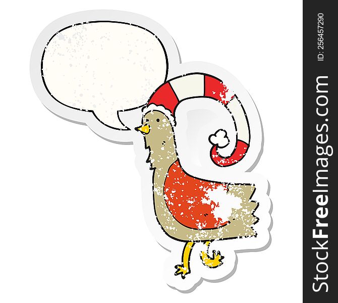 Caroton Chicken In Funny Christmas Hat And Speech Bubble Distressed Sticker