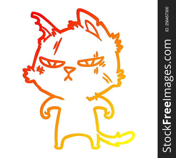 warm gradient line drawing of a tough cartoon cat