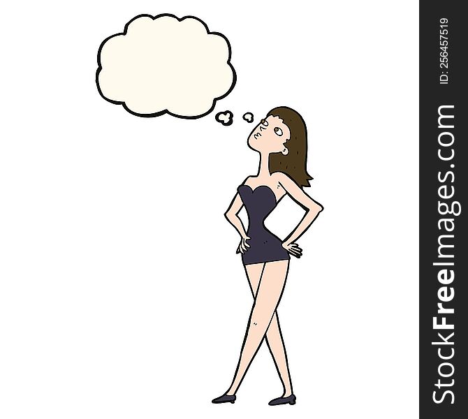 cartoon woman in party dress with thought bubble