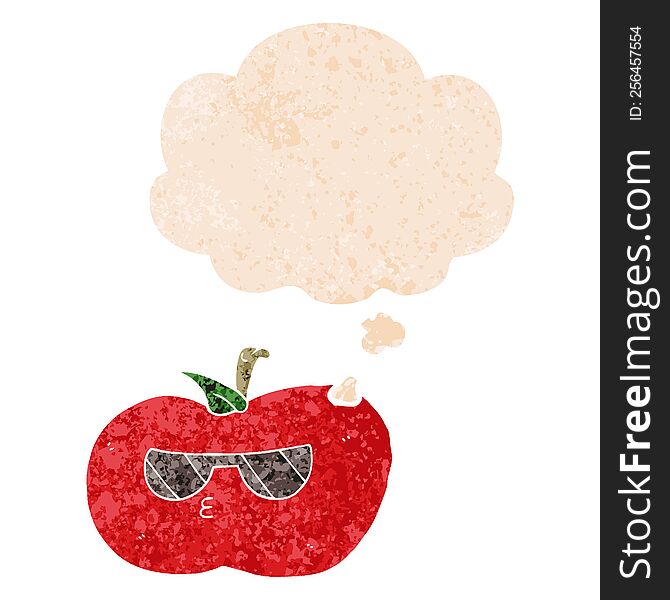 Cartoon Cool Apple And Thought Bubble In Retro Textured Style