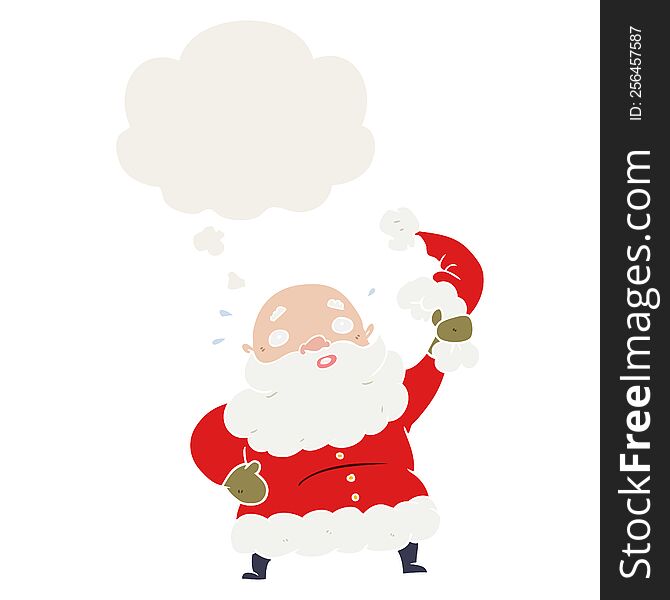 cartoon santa claus waving hat and thought bubble in retro style