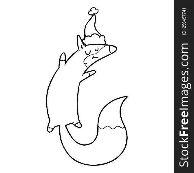 hand drawn line drawing of a jumping fox wearing santa hat