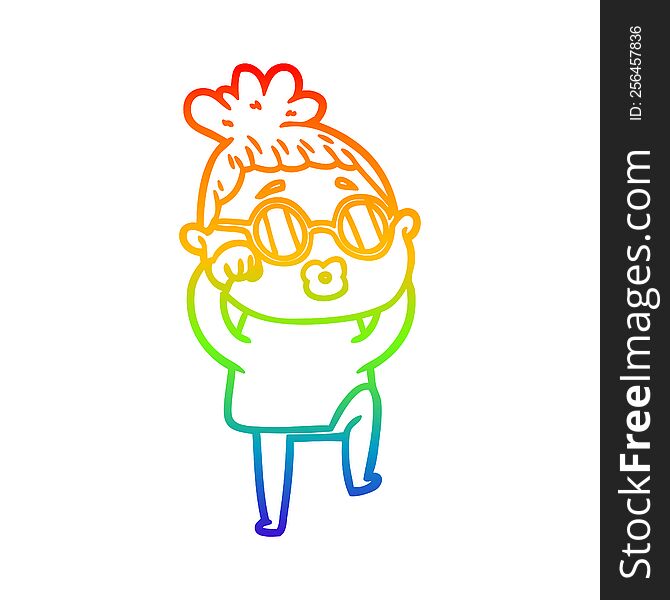 Rainbow Gradient Line Drawing Cartoon Tired Woman Wearing Spectacles