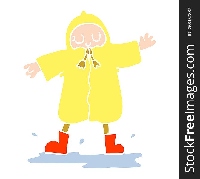 flat color illustration cartoon person splashing in puddle wearing rain coat