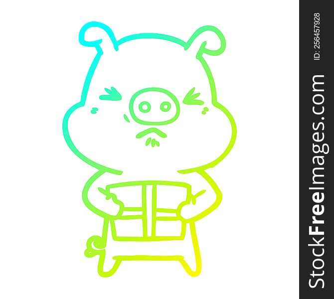 Cold Gradient Line Drawing Cartoon Angry Pig With Christmas Present