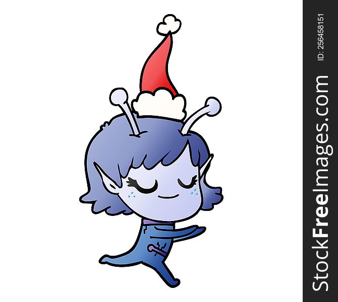 smiling alien girl hand drawn gradient cartoon of a running wearing santa hat