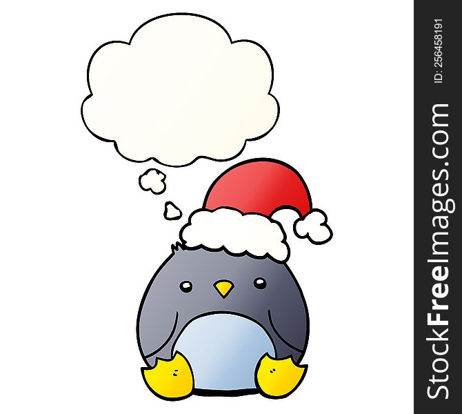 cute cartoon penguin wearing christmas hat and thought bubble in smooth gradient style