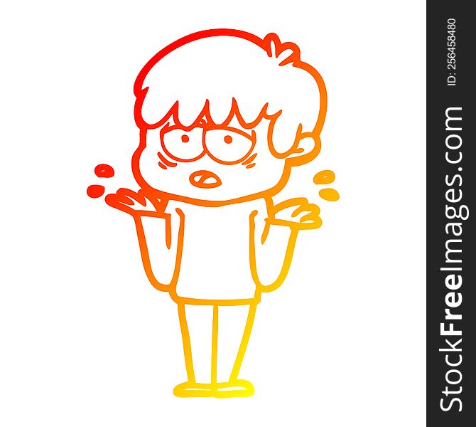 warm gradient line drawing of a cartoon exhausted boy shrugging shoulders