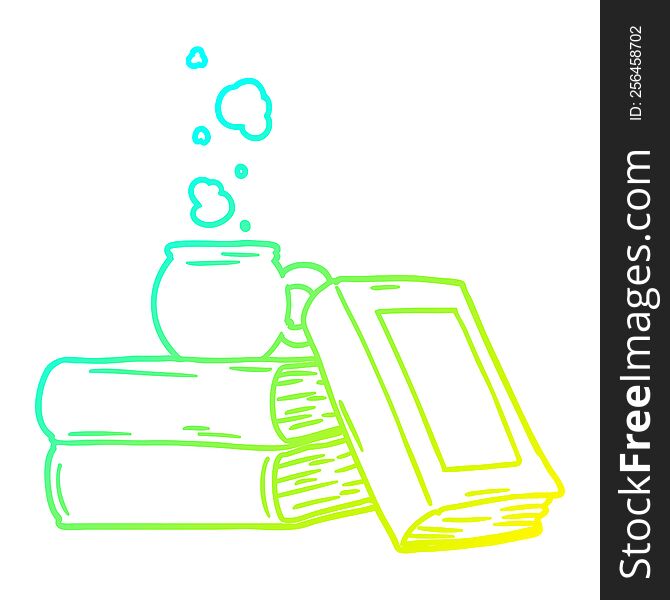 cold gradient line drawing of a cartoon coffee cup and study books