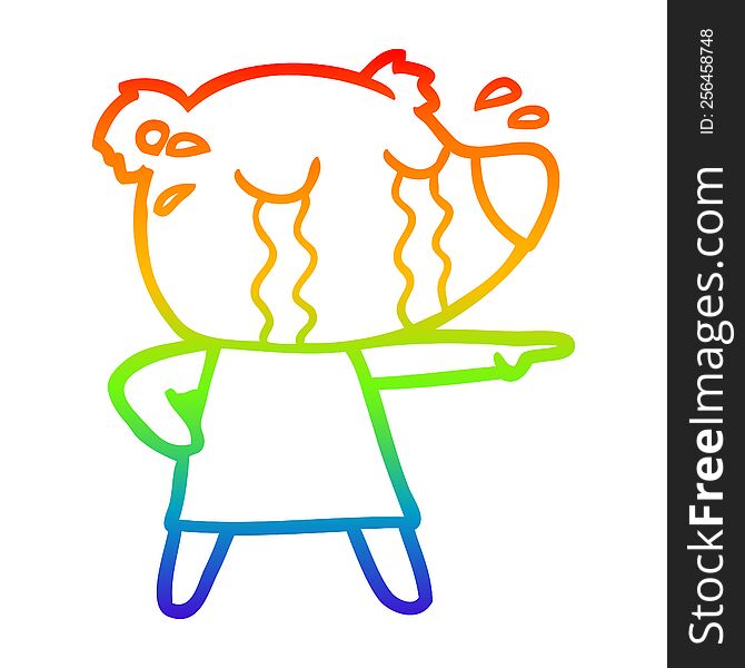 Rainbow Gradient Line Drawing Cartoon Crying Bear In Dress Pointing
