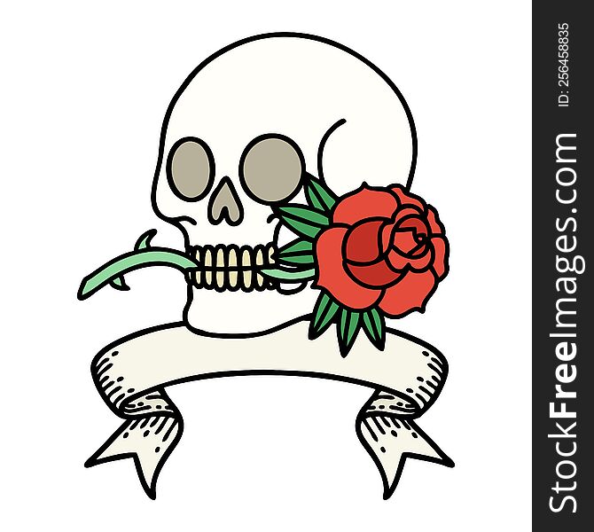 Tattoo With Banner Of A Skull And Rose