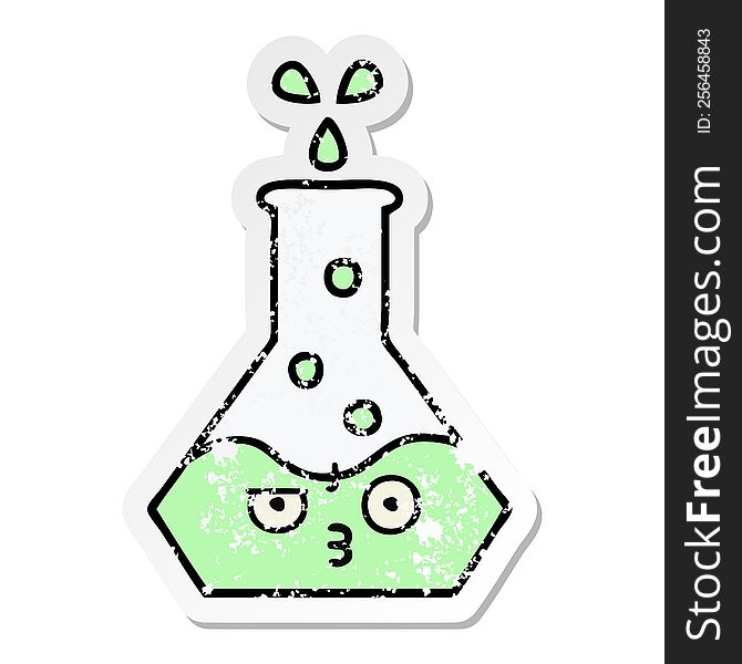 distressed sticker of a cute cartoon science beaker