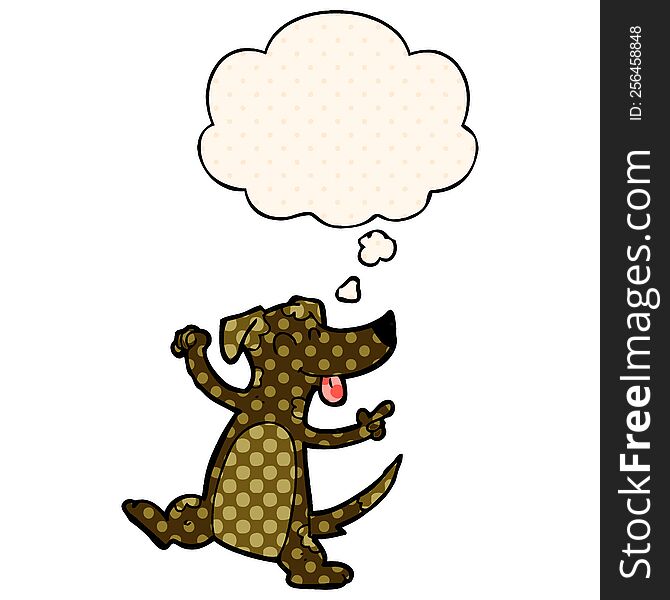 cartoon dancing dog with thought bubble in comic book style