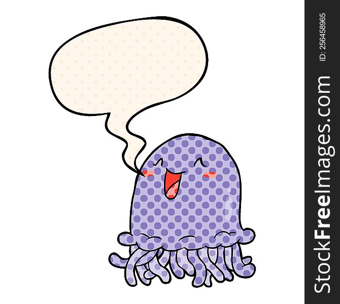 happy cartoon jellyfish with speech bubble in comic book style