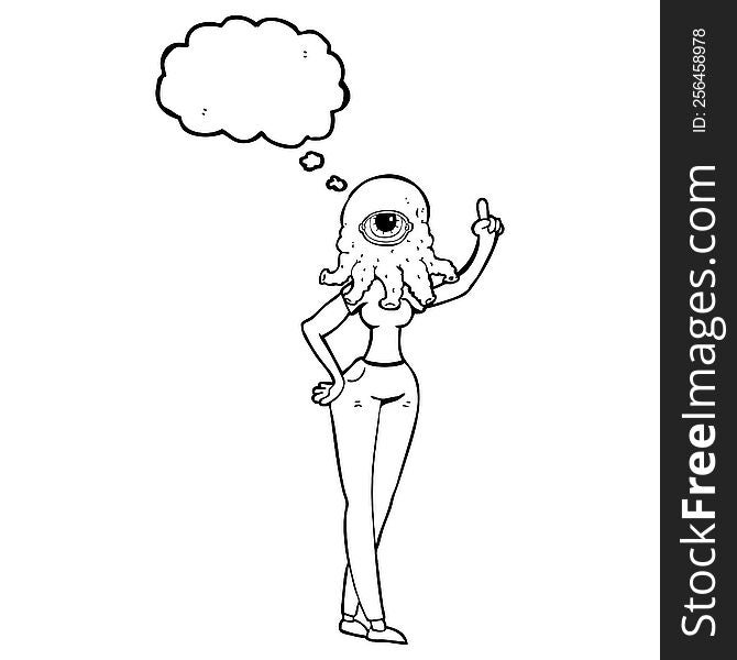 freehand drawn thought bubble cartoon female alien with raised hand