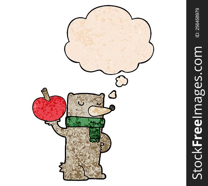 Cartoon Bear With Apple And Thought Bubble In Grunge Texture Pattern Style